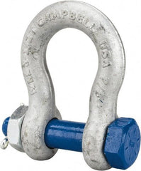 Campbell - 7/8" Nominal Chain Size, 6.5 Ton Carbon Steel Bolt Anchor Shackle - 7/8" Diam, 7/8" Pin Diam, 3-1/8" High x 1-7/16" Wide Inside Jaw, 2-1/16" Inside Width, 2" Max Body Thickness - Americas Tooling