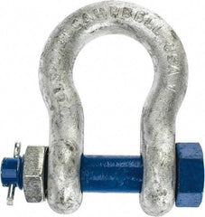 Campbell - 1" Nominal Chain Size, 8.5 Ton Carbon Steel Bolt Anchor Shackle - 1" Diam, 1" Pin Diam, 3-3/4" High x 1-11/16" Wide Inside Jaw, 2-1/2" Inside Width, 2-3/8" Max Body Thickness - Americas Tooling