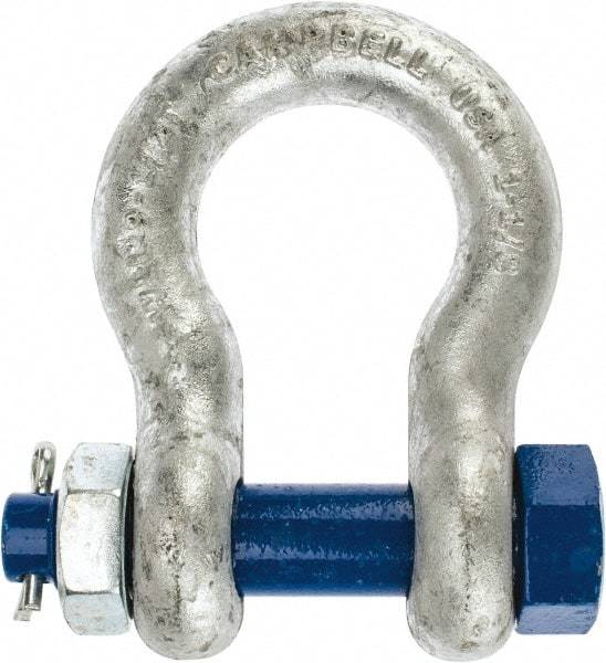 Campbell - 1-1/8" Nominal Chain Size, 9.5 Ton Carbon Steel Bolt Anchor Shackle - 1-1/8" Diam, 1-1/8" Pin Diam, 4-1/4" High x 1-13/16" Wide Inside Jaw, 2-15/16" Inside Width, 2-5/8" Max Body Thickness - Americas Tooling