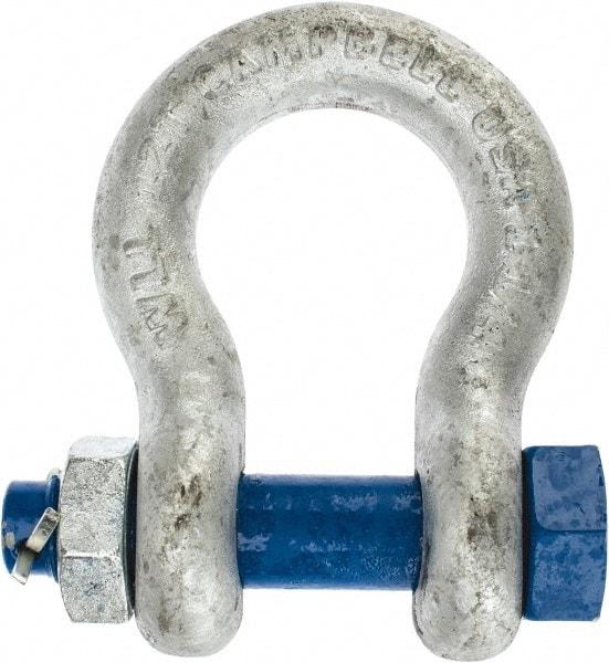 Campbell - 1-1/4" Nominal Chain Size, 12 Ton Carbon Steel Bolt Anchor Shackle - 1-1/4" Diam, 1-1/4" Pin Diam, 4-1/2" High x 2" Wide Inside Jaw, 3-1/4" Inside Width, 3" Max Body Thickness - Americas Tooling