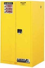 Justrite - 2 Door, 2 Shelf, Yellow Steel Standard Safety Cabinet for Flammable and Combustible Liquids - 65" High x 34" Wide x 34" Deep, Manual Closing Door, 3 Point Key Lock, 60 Gal Capacity - Americas Tooling