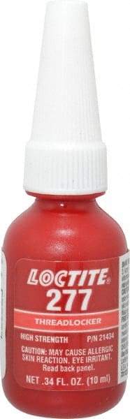 Loctite - 10 mL Bottle, Red, High Strength Liquid Threadlocker - Series 277, 24 hr Full Cure Time, Hand Tool, Heat Removal - Americas Tooling