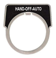 Square D - Half Round, Aluminum Legend Plate - Hand-Off-Auto - Black Background, White Letters, 1.18 Inch Hole Diameter - Americas Tooling