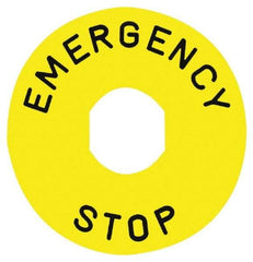 Square D - Round, Legend Plate - Emergency Stop - Yellow Background, White Letters, 90mm Wide x 90mm Overall Diameter - Americas Tooling