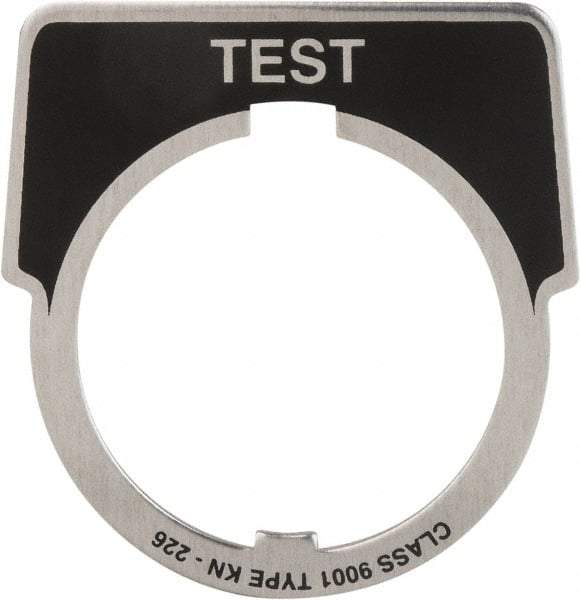 Square D - Metal Legend Plate - Test - Black Background, White Letters, 30mm Hole Diameter - Americas Tooling