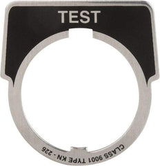 Square D - Metal Legend Plate - Test - Black Background, White Letters, 30mm Hole Diameter - Americas Tooling