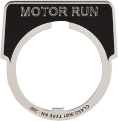 Square D - Metal Legend Plate - Motor Run - Black Background, White Letters, 30mm Hole Diameter - Americas Tooling