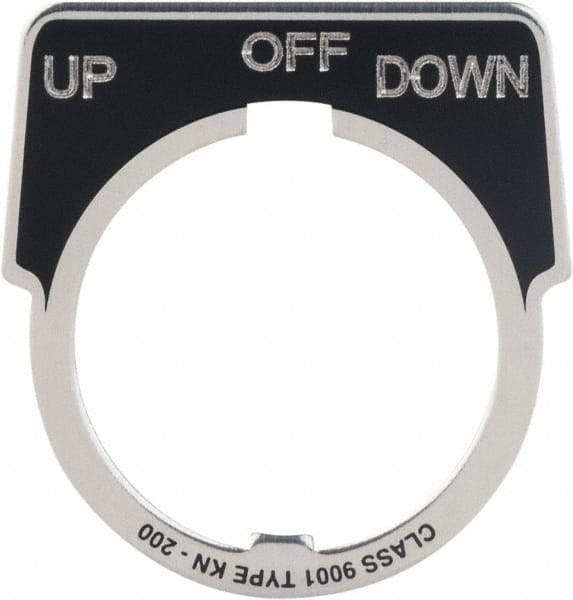 Square D - Metal Legend Plate - Up-Off-Down - Black Background, White Letters, 30mm Hole Diameter - Americas Tooling