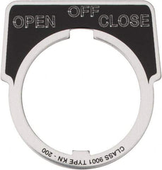 Square D - Metal Legend Plate - Close, Off, Open - Black Background, White Letters, 30mm Hole Diameter - Americas Tooling