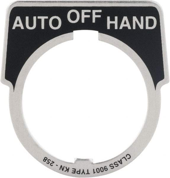 Square D - Metal Legend Plate - Auto-Off-Hand - Black Background, White Letters, 30mm Hole Diameter - Americas Tooling