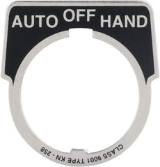 Square D - Metal Legend Plate - Auto-Off-Hand - Black Background, White Letters, 30mm Hole Diameter - Americas Tooling