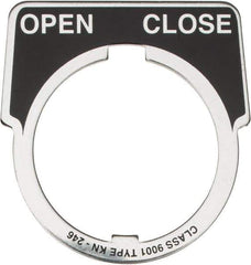 Square D - Half Round, Aluminum Legend Plate - Open-Close - Black Background, White Letters, 1.18 Inch Hole Diameter - Americas Tooling