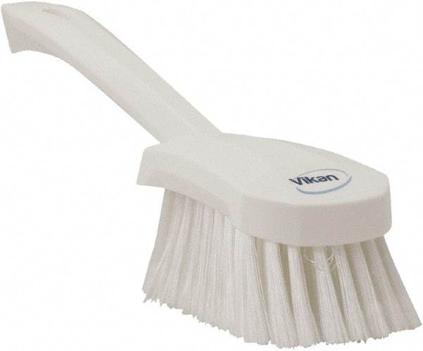 Vikan - 1.8" Bristle Length, Polyester Scrub Brush - 4-1/4" Long x 2-3/4" Wide Head, 10" OAL, White, Polypropylene Block, Flagged - Americas Tooling