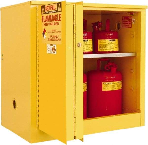 Securall Cabinets - 2 Door, 1 Shelf, Yellow Steel Standard Safety Cabinet for Flammable and Combustible Liquids - 35" High x 36" Wide x 24" Deep, Sliding Door, 3 Point Key Lock, 30 Gal Capacity - Americas Tooling