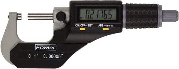 Fowler - 0 to 1" Range, 0.00005" Resolution, Standard Throat IP54 Electronic Outside Micrometer - 0.00016" Accuracy, Ratchet Stop Thimble, Carbide Face, CR2032 Battery - Americas Tooling