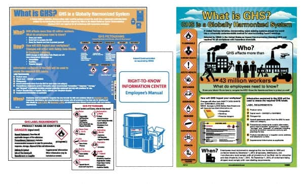 NMC - GHS General Safety & Accident Prevention Training Kit - English, 18" Wide x 24" High, White Background, Includes What is GHS Poster, GHS Pictogram, Booklets, Wallet Cards - Americas Tooling