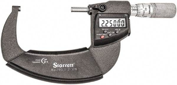 Starrett - 2 to 3" Range, Standard Throat IP67 Electronic Outside Micrometer - Friction Thimble, Carbide Face, CR2032 Battery - Americas Tooling