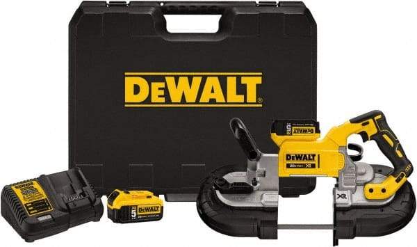 DeWALT - 20 Volt, 44-7/8" Blade, 490 SFPM Cordless Portable Bandsaw - 4-3/4" (Round) & 5" x 4-3/4" (Rectangle) Cutting Capacity, Lithium-Ion Battery Included - Americas Tooling