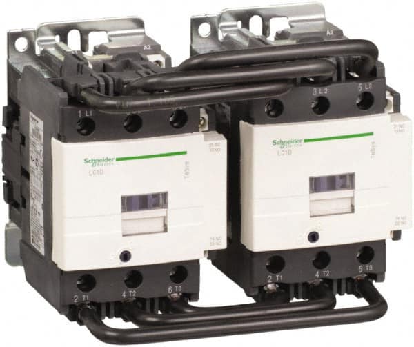 Schneider Electric - 3 Pole, 120 Coil VAC at 50/60 Hz, 80 Amp at 440 VAC, Reversible IEC Contactor - 1 Phase hp: 15 at 230/240 VAC, 7.5 at 115 VAC, 3 Phase hp: 20 at 200/208 VAC, 25 at 230/240 VAC, 60 at 460/480 VAC, 60 at 575/600 VAC - Americas Tooling