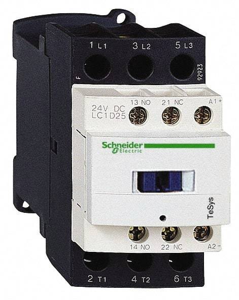 Schneider Electric - 3 Pole, 24 Coil VDC, 25 Amp at 440 VAC and 40 Amp at 440 VAC, Nonreversible IEC Contactor - 1 Phase hp: 2 at 115 VAC, 3 at 230/240 VAC, 3 Phase hp: 15 at 460/480 VAC, 20 at 575/600 VAC, 5 at 200/208 VAC, 7.5 at 230/240 VAC - Americas Tooling