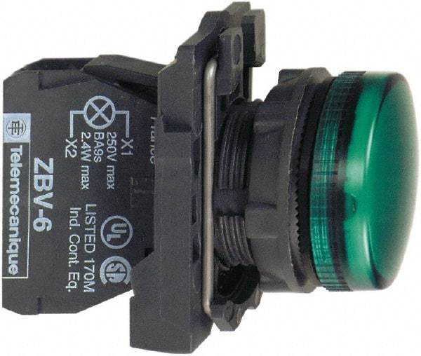 Schneider Electric - 250 V Green Lens LED Pilot Light - Round Lens, Screw Clamp Connector, 30mm Wide, Vibration Resistant, Water Resistant - Americas Tooling