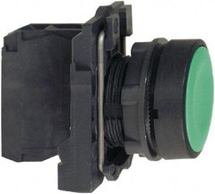 Schneider Electric - 22mm Mount Hole, Flush, Pushbutton Switch with Contact Block - Round, Green Pushbutton, Momentary (MO) - Americas Tooling