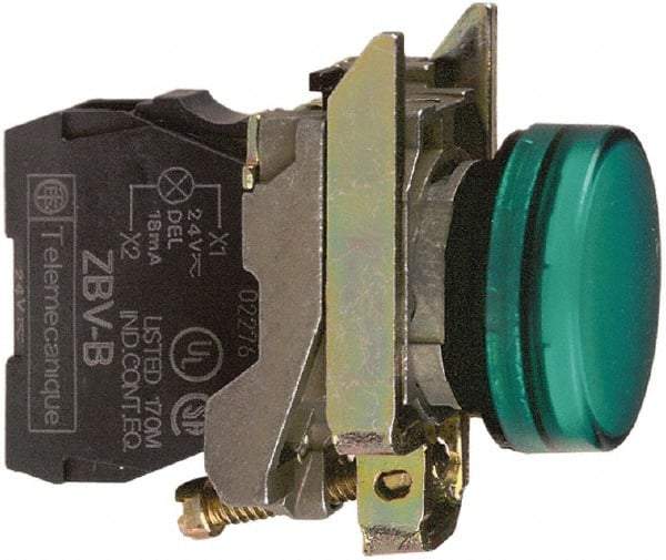 Schneider Electric - 230-240 VAC at 50/60 Hz Green Lens LED Pilot Light - Round Lens, Screw Clamp Connector, 30mm Wide, Vibration Resistant, Water Resistant - Americas Tooling