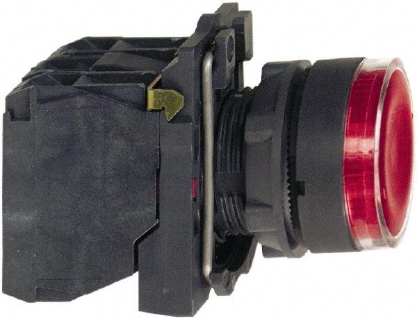 Schneider Electric - 22mm Mount Hole, Flush, Pushbutton Switch with Contact Block - Round, Red Pushbutton, Illuminated, Momentary (MO) - Americas Tooling