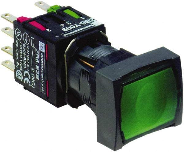 Schneider Electric - 16mm Mount Hole, Flush, Pushbutton Switch with Contact Block - Rectangle, Green Pushbutton, Illuminated, Momentary (MO) - Americas Tooling