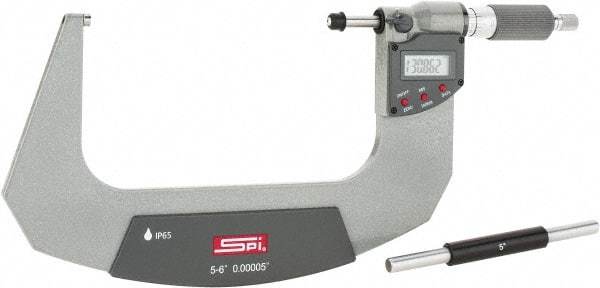 SPI - 5 to 6" Range, 0.00005" Resolution, Double Ratchet IP65 Electronic Outside Micrometer - 0.0002" Accuracy, Ratchet-Friction Thimble, Carbide Face, CR2032 Battery, Includes NIST Traceable Certification of Inspection - Americas Tooling