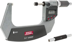 SPI - 3 to 4" Range, 0.00005" Resolution, Double Ratchet IP65 Electronic Outside Micrometer - 0.0002" Accuracy, Ratchet-Friction Thimble, Carbide Face, CR2032 Battery, Includes NIST Traceable Certification of Inspection - Americas Tooling