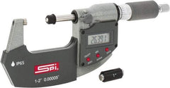 SPI - 1 to 2" Range, 0.00005" Resolution, Double Ratchet IP65 Electronic Outside Micrometer - 0.0002" Accuracy, Ratchet-Friction Thimble, Carbide Face, CR2032 Battery, Includes NIST Traceable Certification of Inspection - Americas Tooling