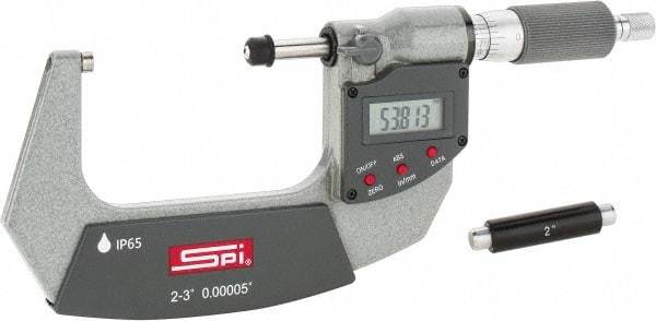 SPI - 2 to 3" Range, 0.00005" Resolution, Double Ratchet IP65 Electronic Outside Micrometer - 0.0002" Accuracy, Ratchet-Friction Thimble, Carbide Face, CR2032 Battery, Includes NIST Traceable Certification of Inspection - Americas Tooling