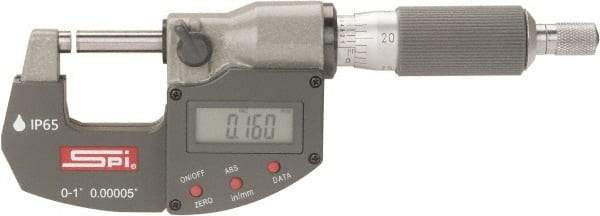 SPI - 0 to 1" Range, 0.00005" Resolution, Double Ratchet IP65 Electronic Outside Micrometer - 0.0001" Accuracy, Ratchet-Friction Thimble, Carbide Face, CR2032 Battery, Includes NIST Traceable Certification of Inspection - Americas Tooling