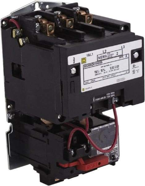 Square D - 208 Coil VAC at 60 Hz, 600 Coil VAC, 27 Amp, NEMA Size 1, Open Enclosure NEMA Motor Starter - 1 Phase hp: 7 1/2 at 200 Volt, 7 1/2 at 230 Volt, 3 Phase hp: 10 at 460 Volt, 10 at 575 Volt - Americas Tooling