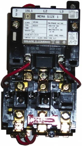 Square D - 24 Coil VAC at 60 Hz, 27 Amp, NEMA Size 1, Nonreversible Open Enclosure NEMA Motor Starter - 1 Phase hp: 2 at 115 VAC, 3 at 230 VAC - Americas Tooling