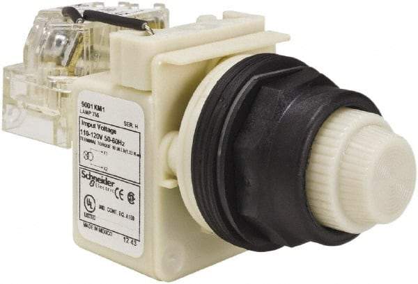 Schneider Electric - 110 VAC at 50/60 Hz via Transformer, 120 VAC at 50/60 Hz via Transformer White Lens Press-to-Test Indicating Light - Round Lens, Screw Clamp Connector, Corrosion Resistant, Dust Resistant, Oil Resistant - Americas Tooling