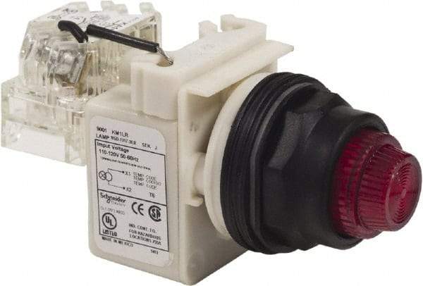 Schneider Electric - 120 VAC Red Lens LED Pilot Light - Round Lens, Screw Clamp Connector, 54mm OAL x 42mm Wide, Vibration Resistant - Americas Tooling