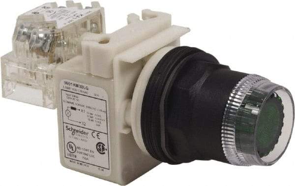 Schneider Electric - 30mm Mount Hole, Extended Straight, Pushbutton Switch with Contact Block - Green Pushbutton, Momentary (MO) - Americas Tooling