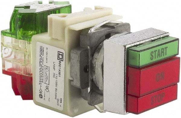 Schneider Electric - 30mm Mount Hole, Pushbutton Switch with Pilot Light - Rectangle, Green and Red Pushbutton, Illuminated, Momentary (MO), Start-On-Stop - Americas Tooling