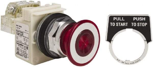 Schneider Electric - 30mm Mount Hole, Extended Straight, Pushbutton Switch with Contact Block - Red Pushbutton, Maintained (MA) - Americas Tooling