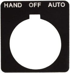 Schneider Electric - Square, Plastic Legend Plate - Hand-Off-Auto - Black Background, White Letters, 1.2 Inch Hole Diameter, 1-3/4 Inch Square - Americas Tooling