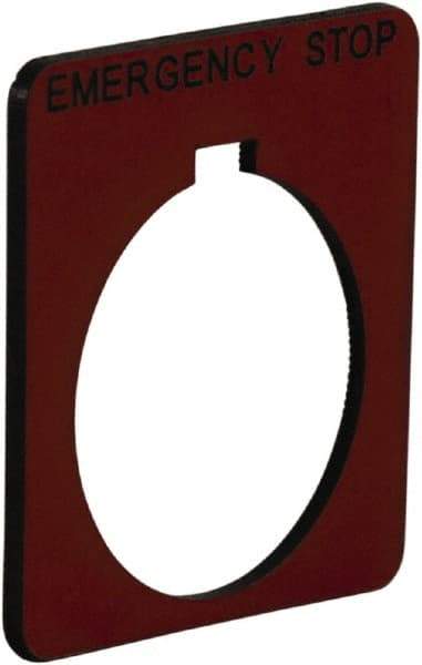 Schneider Electric - Square, Plastic Legend Plate - Emergency Stop - Red Background, Black Letters, 1.2 Inch Hole Diameter, 1-3/4 Inch Square - Americas Tooling