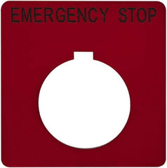 Schneider Electric - Square, Plastic Legend Plate - Emergency Stop - Red Background, Black Letters, 1.2 Inch Hole Diameter, 2-1/4 Inch Square - Americas Tooling