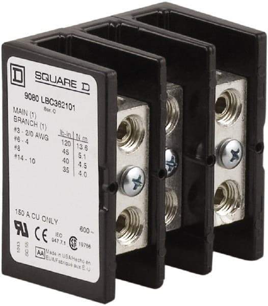 Square D - 3 Poles, 150 (Copper) Amp, Phenolic Power Distribution Block - 600 VAC, 1 Primary Connection - Americas Tooling