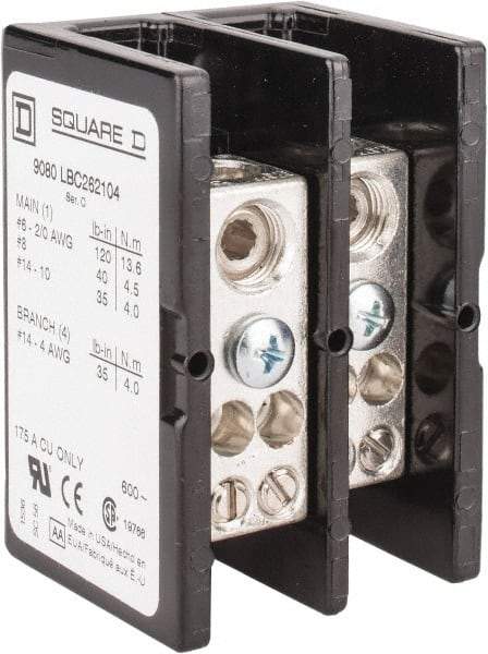 Square D - 2 Poles, 175 (Copper) Amp, Phenolic Power Distribution Block - 600 VAC, 1 Primary Connection - Americas Tooling