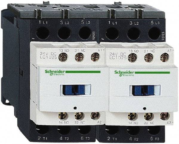 Schneider Electric - 3 Pole, 24 Coil VDC, 12 Amp at 440 VAC, Reversible IEC Contactor - 1 Phase hp: 1 at 115 VAC, 2 at 230/240 VAC, 3 Phase hp: 10 at 575/600 VAC, 3 at 200/208 VAC, 3 at 230/240 VAC, 7.5 at 460/480 VAC - Americas Tooling