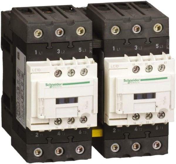 Schneider Electric - 3 Pole, 120 Coil VAC at 50/60 Hz, 65 Amp at 440 VAC, Reversible IEC Contactor - 1 Phase hp: 10 at 230/240 VAC, 5 at 115 VAC, 3 Phase hp: 20 at 200/208 VAC, 20 at 230/240 VAC, 40 at 460/480 VAC, 50 at 575/600 VAC - Americas Tooling