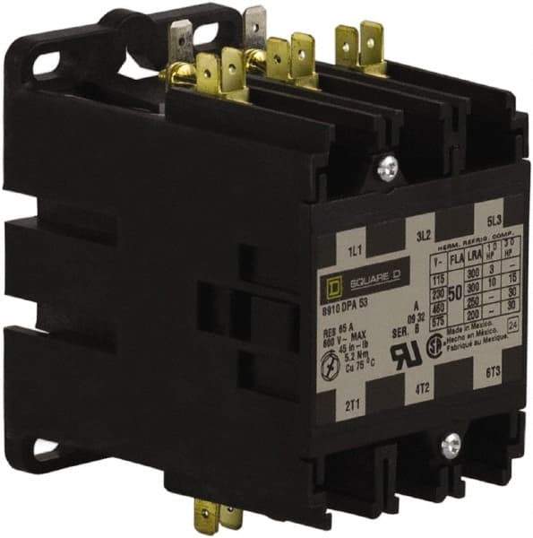 Square D - 3 Pole, 50 Amp Inductive Load, 277 Coil VAC at 60 Hz, Definite Purpose Contactor - Phase 1 and Phase 3 Hp:  10 at 230 VAC, 15 at 230 VAC, 3 at 115 VAC, 30 at 460 VAC, 30 at 575 VAC, 65 Amp Resistive Rating, CE, CSA, UL Listed - Americas Tooling