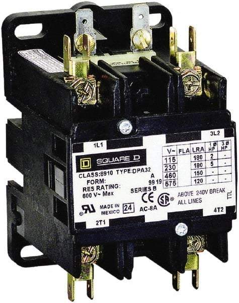 Square D - 2 Pole, 50 Amp Inductive Load, 208 to 240 Coil VAC at 60 Hz and 220 Coil VAC at 50 Hz, Definite Purpose Contactor - Phase 1 Hp:  10 at 230 VAC, 3 at 115 VAC, 65 Amp Resistive Rating, CE, CSA, UL Listed - Americas Tooling